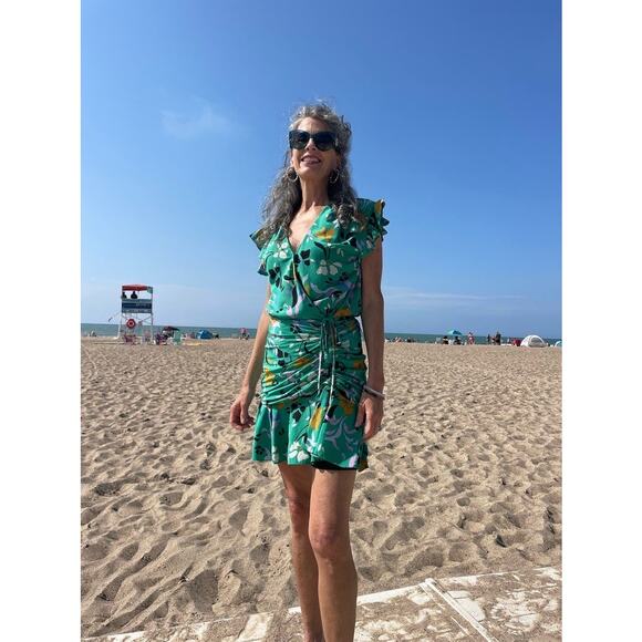 VERONICA BEARD Green Floral Printed Silk Ruched Ruffled Maria Dress Size 4 - Picture 16 of 16